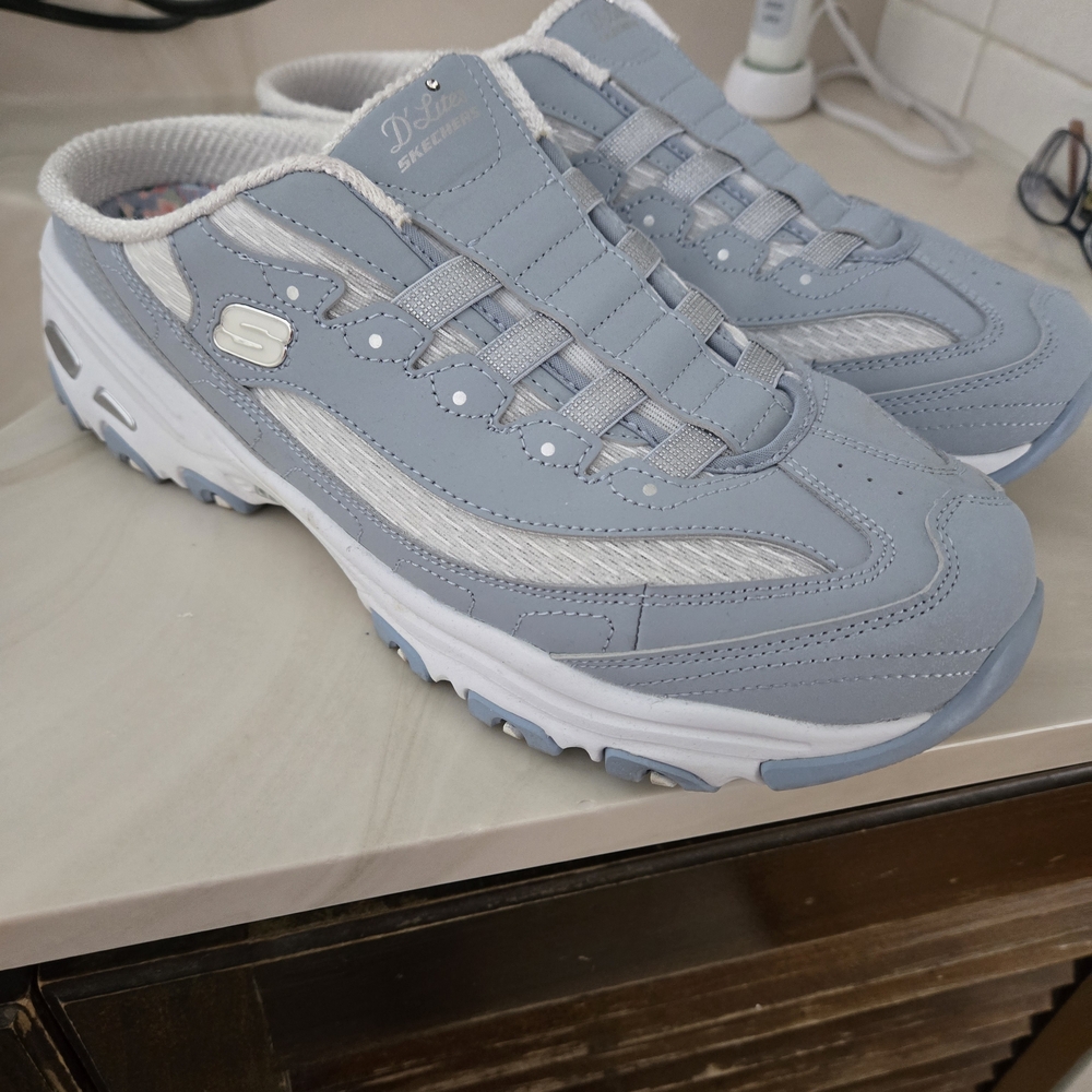 Skechers Light Blue and White Slip-On D'Lites Mule Sneakers
